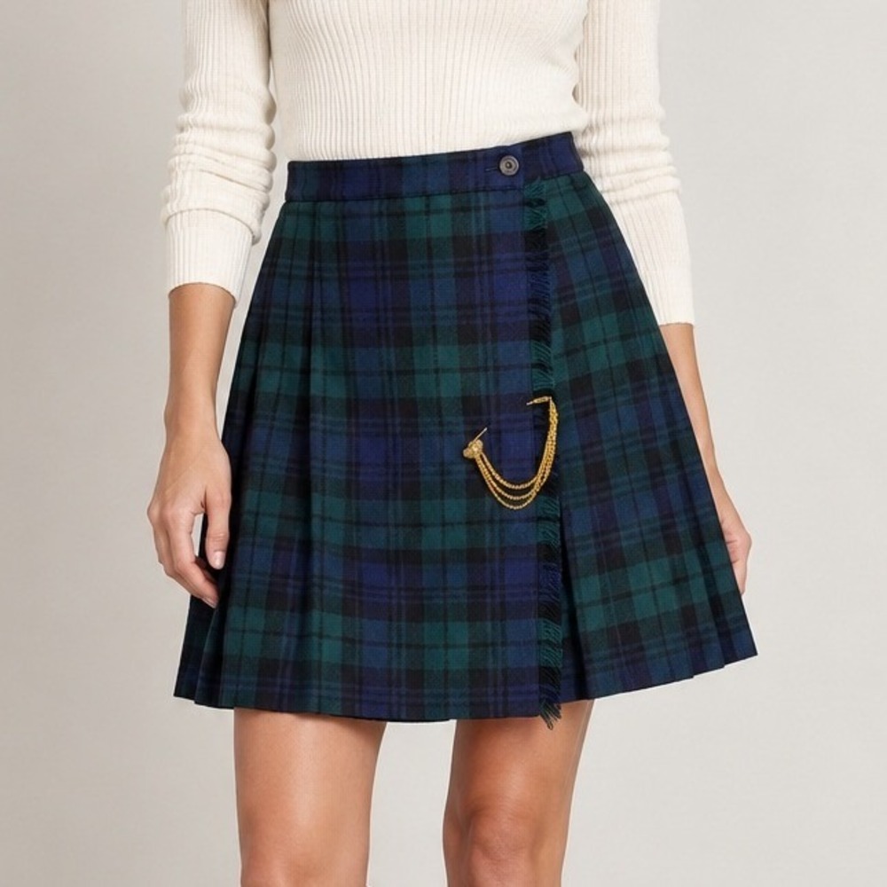 Vintage Womens Wool Plaid Pleated Mini Skirt Size 10 Green Blue Academia Preppy